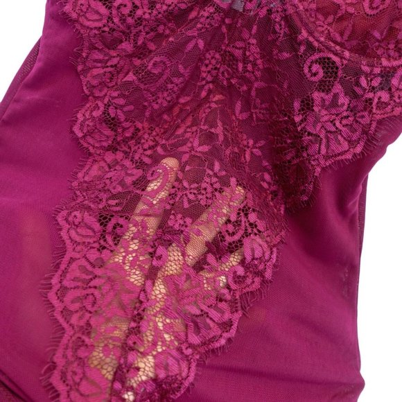 POLLY Women's Red Wine One Piece Bodysuit 4 SMALL Floral Strap Bustier Sheer - Picture 6 of 12